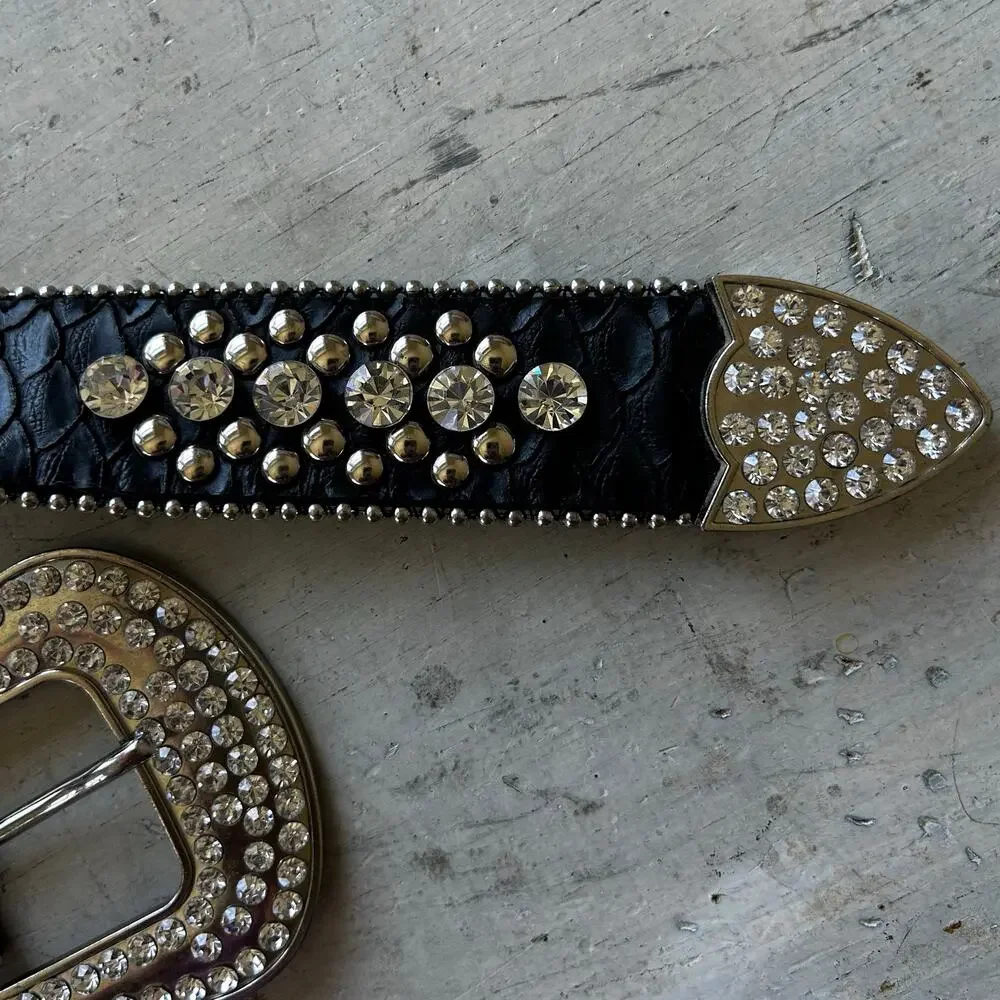 Vintage Rhinestone Studded Leather Bling Western Glam Statement Belt Y2K 34 - 36